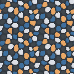 seamless pattern of black, white, blue and orange colored stones on a black background