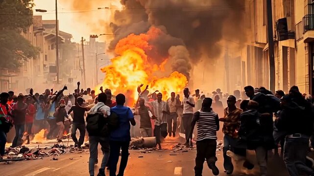 People rioting on a city street