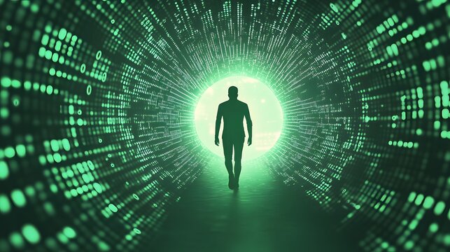 Silhouette of a person walking towards the light through a binary code tunnel with green background, symbolizing technology and progress to another dimension