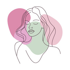 Aesthetic Beautiful Girl Face Hand Drawn Sketch in Line Art Style with Purple Green Fill Color