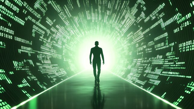 Silhouette of a person walking towards the light through a binary code tunnel with green background, symbolizing technology and progress to another dimension
