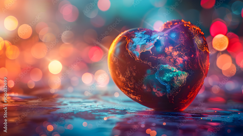 Aufkleber Aerial view of a glowing heart shaped globe with detailed continents surrounded by a soft warm and colorful blurred background creating a magical and inspiring scene