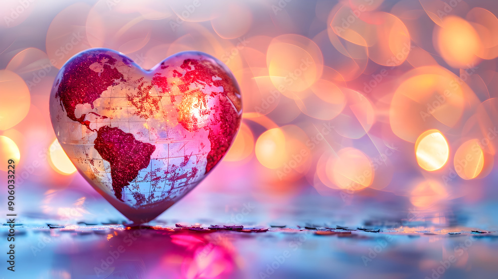 Aufkleber captivating heart shaped globe showcasing the continents and vibrant colors with a dreamy bokeh back