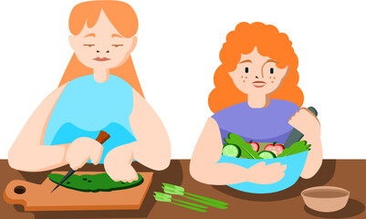 mother and daughter cooking salad together. vector illustration