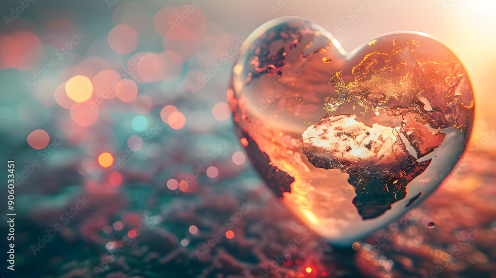 Aufkleber aerial view of a heart shaped globe glowing under a soft warm light surrounded by a colorful blurred