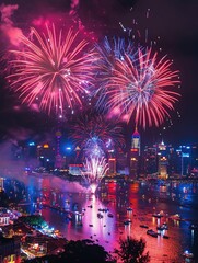 Festive New Year celebration with fireworks, vibrant colors, and city skyline in the background, ideal for articles about welcoming the New Year