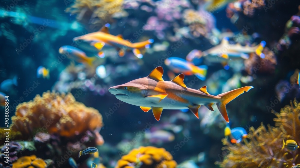 Poster Colorful Reef Sharks in Tropical Sea 