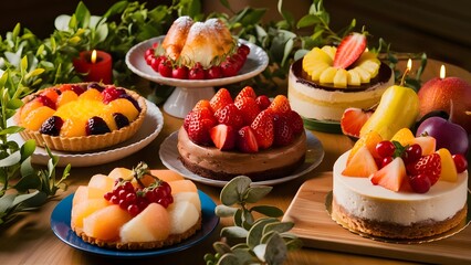 Obraz premium An enticing array of desserts featuring an assortment of fresh fruits..