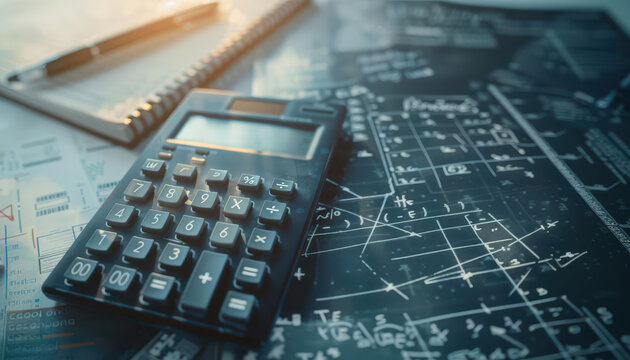 Calculator on a table with math equations and a notepad.
