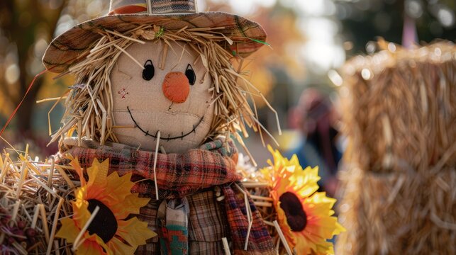 Close-up of a scarecrow and hay bales at a fall festival decoration. 