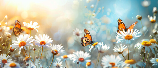 Naklejka premium Beautiful spring meadow with white daisies and butterflies on blue sky background, banner for copy space. wide angle lens natural lighting