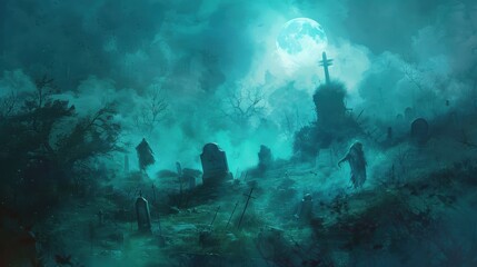 Fototapeta premium A graveyard with a large moon in the sky. The graveyard is full of gravestones and the moon is shining brightly. Scene is eerie and mysterious