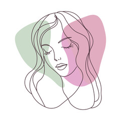 Aesthetic Beautiful Girl Face Hand Drawn Sketch in Line Art Style with Purple Green Fill Color