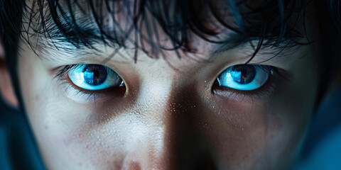 A close up portrait of a man's eyes with an intense gaze. bullying concept