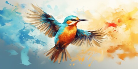 Watercolor Kingfisher Bird with Colorful Abstract Background