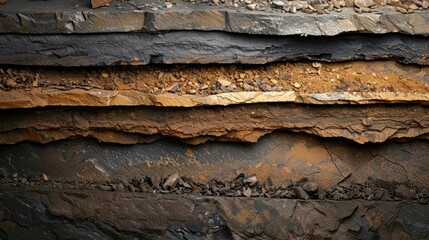 Close-up of layered rock formation with different colors and textures.