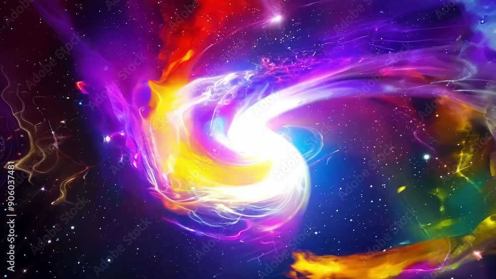 Poster vibrant colors pulsate and swirl igniting into bursts of energy that transform into celestial shapes