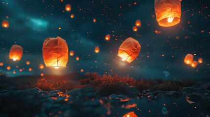 A group of lit candles are floating in the air, creating a warm and cozy atmosphere. The candles are scattered throughout the scene, with some closer to the foreground