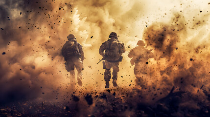 A striking photograph capturing soldiers in the midst of intense combat rushing towards the with smoke and debris swirling in the background  The scene exudes a powerful sense of drama tension