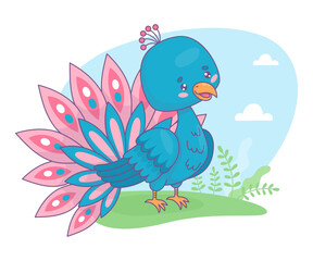 Cute peacock character in clearing. Funny cartoon kawaii blue tropical bird. Vector illustration