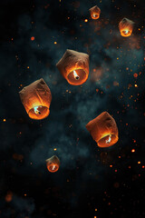 Obraz premium A group of lit candles are floating in the air, creating a warm and cozy atmosphere. The candles are scattered throughout the scene, with some closer to the foreground