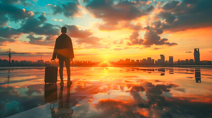 Fototapeta premium Silhouette of a traveler with a suitcase standing on a reflective surface dramatic sunrise in the background with a vibrant city skyline in the distance warm golden light and an inspiring
