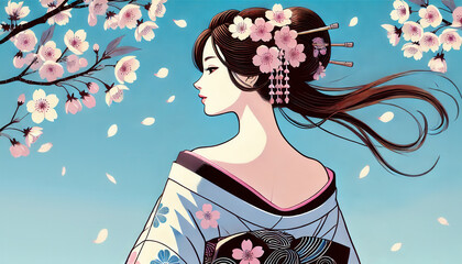 日本画（Japanese painting）／美人画　美女　着物　anime　イラスト