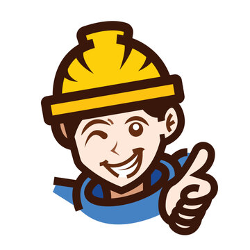 recommend clip art: Construction worker with smile and thumbs up colorful icon illustration isolated on square white background. Simple flat outlined cartoon art styled drawing.