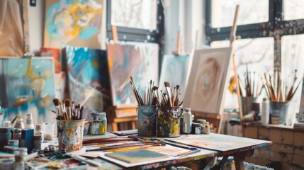 A creative artist's desk cluttered with paintbrushes, sketches, and various art supplies. The desk is in a bright studio filled with canvases, easels, and colorful artwork
