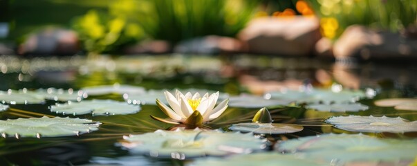 Single white water lily blossom floating on a pond surface, surrounded by lily pads