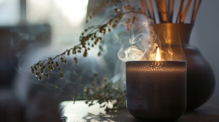 The scent of smoke from a candle enhances the ambiance of a cozy room