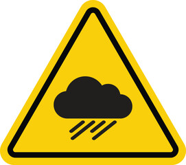 Rain warning sign . Yellow triangle sign with raining cloud . Storm caution icon vector