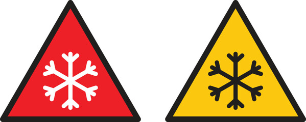 Red and yellow snow warning sign . Snowfall icon . Snowflake caution icon vector
