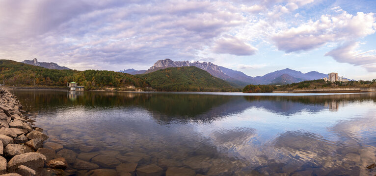 Autumnal and morning view of Wonam Reservoir against Ulsan Rock of Seoraksan National Park at Wonam-ri near Goseong-gun, Gangwon-do, South Korea
