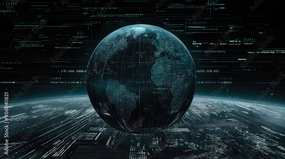 Poster a holographic globe of earth floats in space, surrounded by a matrix of digital data streams
