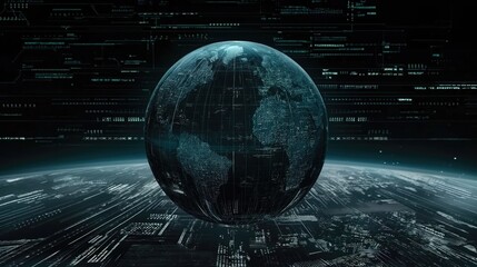 A holographic globe of Earth floats in space, surrounded by a matrix of digital data streams