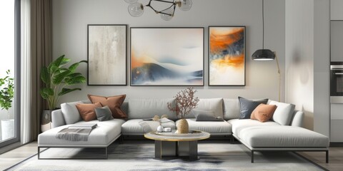 Modern Minimalist Living Room Interior Design: Cozy Home Atmosphere with Cream-colored Sofa, Contemporary Architecture, and Elegant Wallpaper. Perfect for Interior Decor Inspiration, Architectural Con