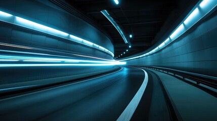 Obraz premium A long exposure of a car speeding through a tunnel, leaving streaks of light on the dark concrete walls