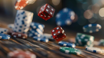 Dice and chips falling on a wooden table, representing chance and gambling.