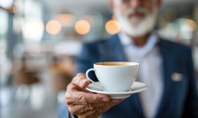 Professional Focus: Businessperson in Suit with Coffee in Modern Office Setting