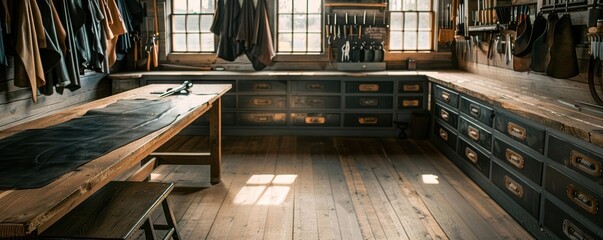 Rustic wooden workbench in a vintage workshop with tool storage.