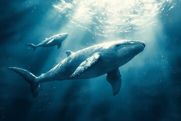 Fototapeta premium illustration of a majestic blue whale swimming gracefully in the deep blue ocean.