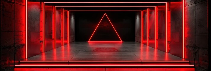 Futuristic neon red geometric interior with glowing LED triangles and reflective surfaces, perfect for tech or sci-fi themes.