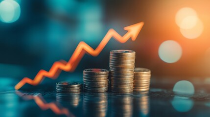 Businessman Drawing Upward Trending Graph with Coins and Financial Charts Symbolizing Business Growth and Market Trends. Hand Holding Pen Creating Curve, Emphasizing Wealth and Investment Success