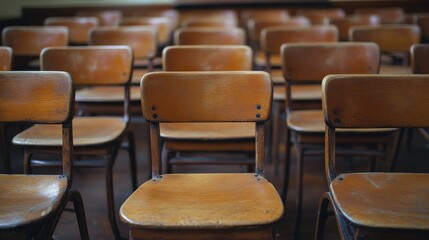 Obraz premium Selective Focus on Vintage Wooden Lecture Chairs in an Empty Classroom Highlighting the Essence of Education and Study Spaces