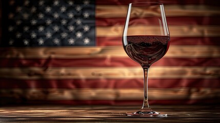 Glass of wine on table against American flag background 