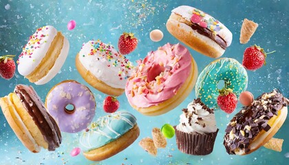 Cakes, sweets, confectionery collage background. Donuts, cookies cupcakes macaroons levitation over blue background