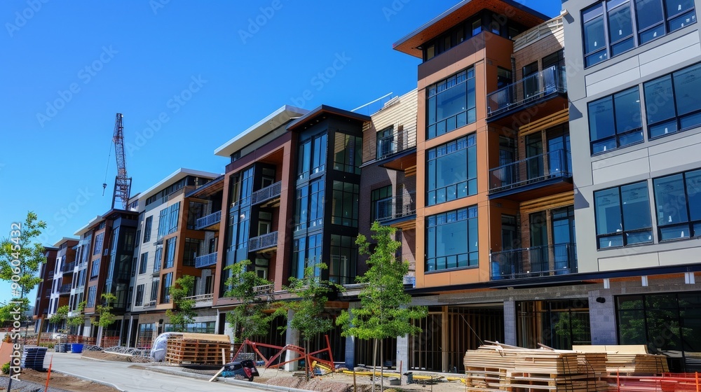 Poster trends in mixed-use development projects combining residential and commercial spaces in construction