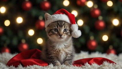 A tabby kitten wearing a Santa hat sits in front of a Christmas tree 