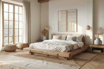 Elegant modern bedroom with wooden bed and white-beige color theme. Carpeted floor, minimal interior design, small wall frames, natural light from large windows, wooden flooring, and a cozy atmosphere
